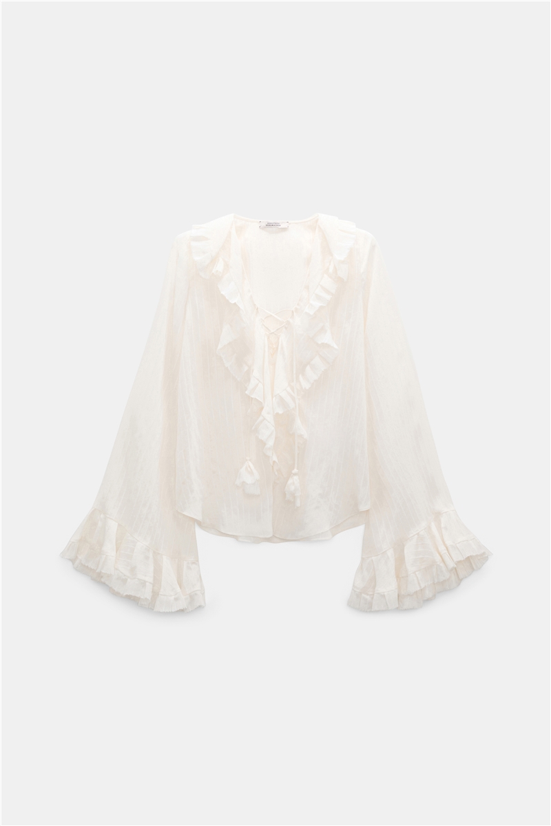 Dorothee Schumacher - SOFT STRIPES Blouse Camelia White | Seiden-Viskose-Bluse mit Volants, Schnürung & Bohemian-Flair