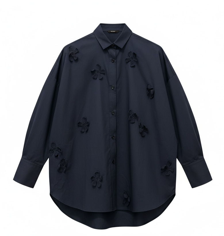 ODEEH - Baumwollbluse navy mit aufgesetzten Häkelblumen