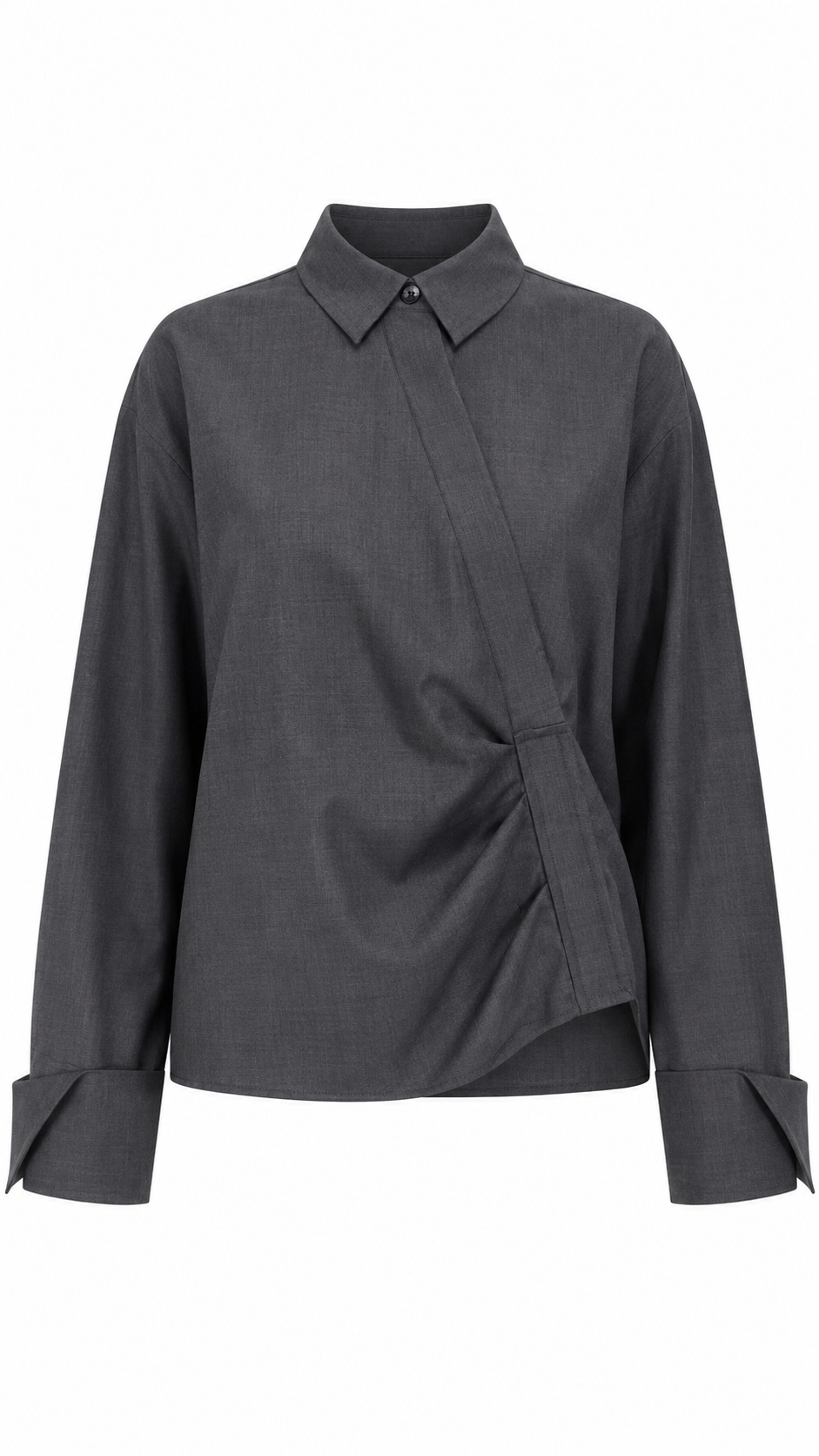 ODEEH - Cool Wool Bluse Granit mit asymmetrischer Knopfleiste und Raffung