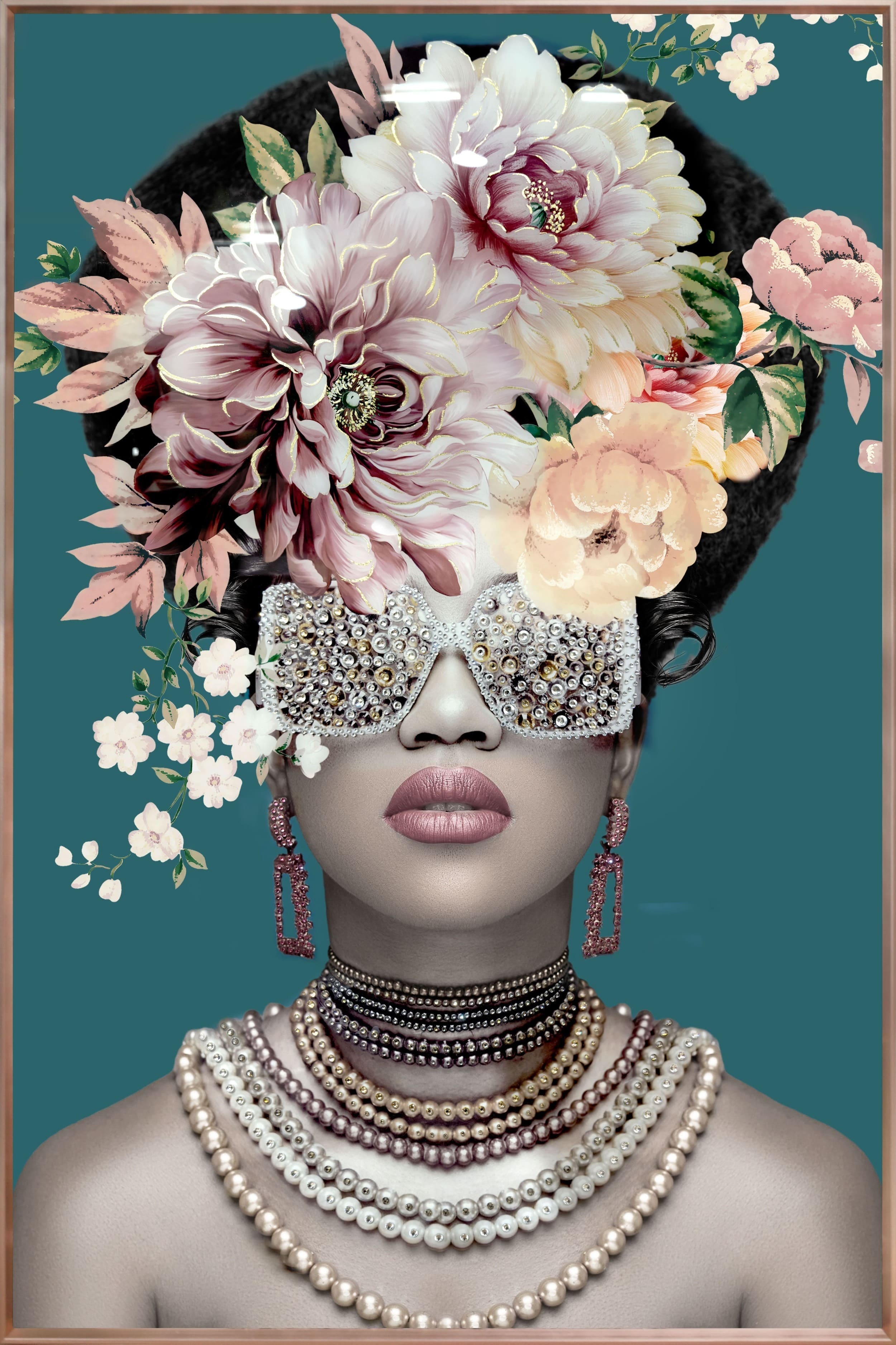 Wandbild Frau mit Brille und Blumen