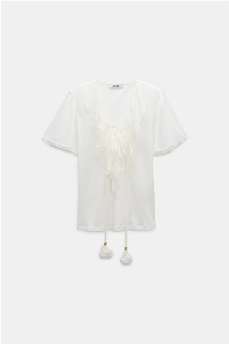 Dorothee Schumacher - PURE SLEEKNESS Shirt Orchid White | Blusen-T-Shirt mit Georgette-Volants, Spitze & Tassel-Detail