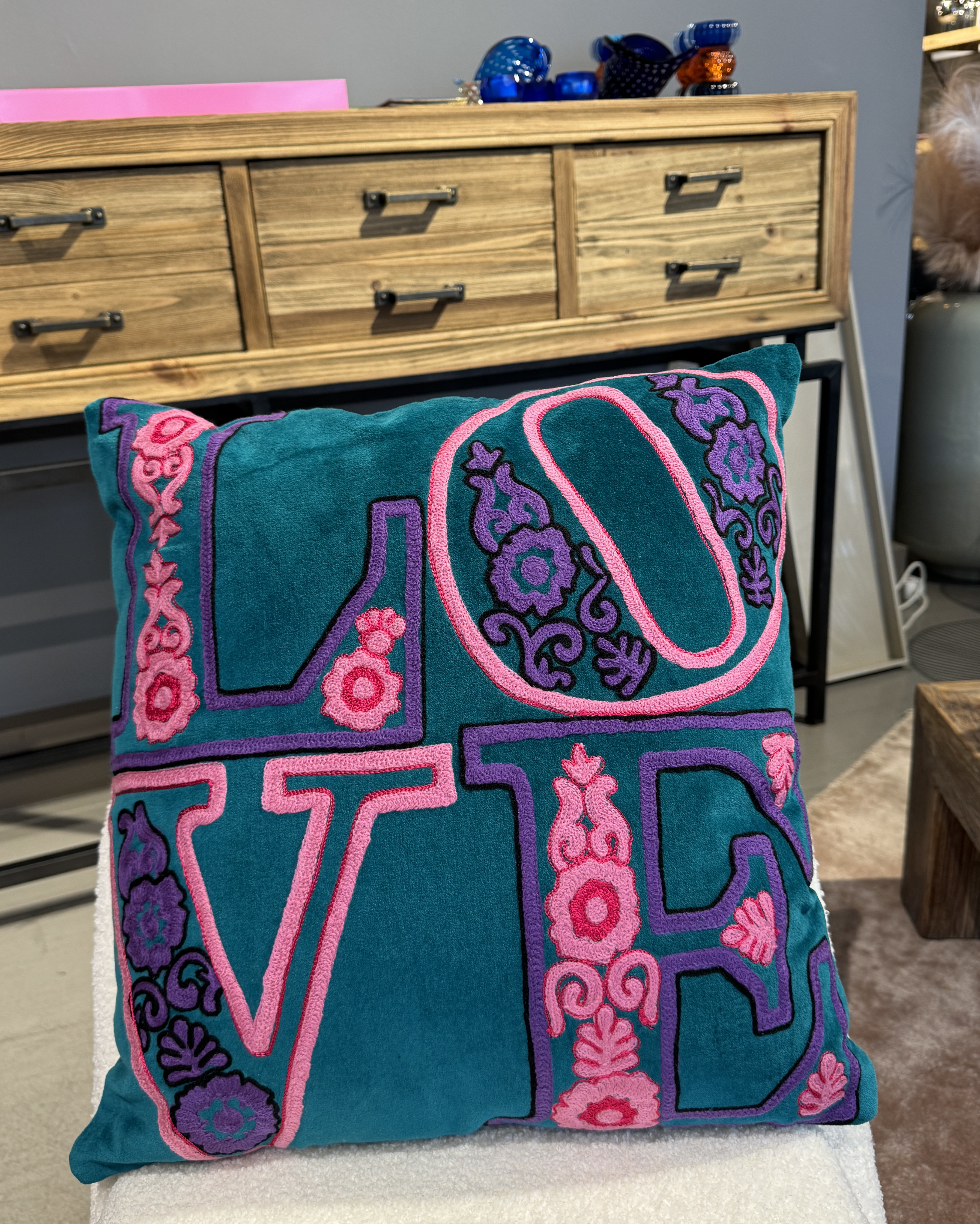 Samtkissen Quadratisch LOVE blaugrün