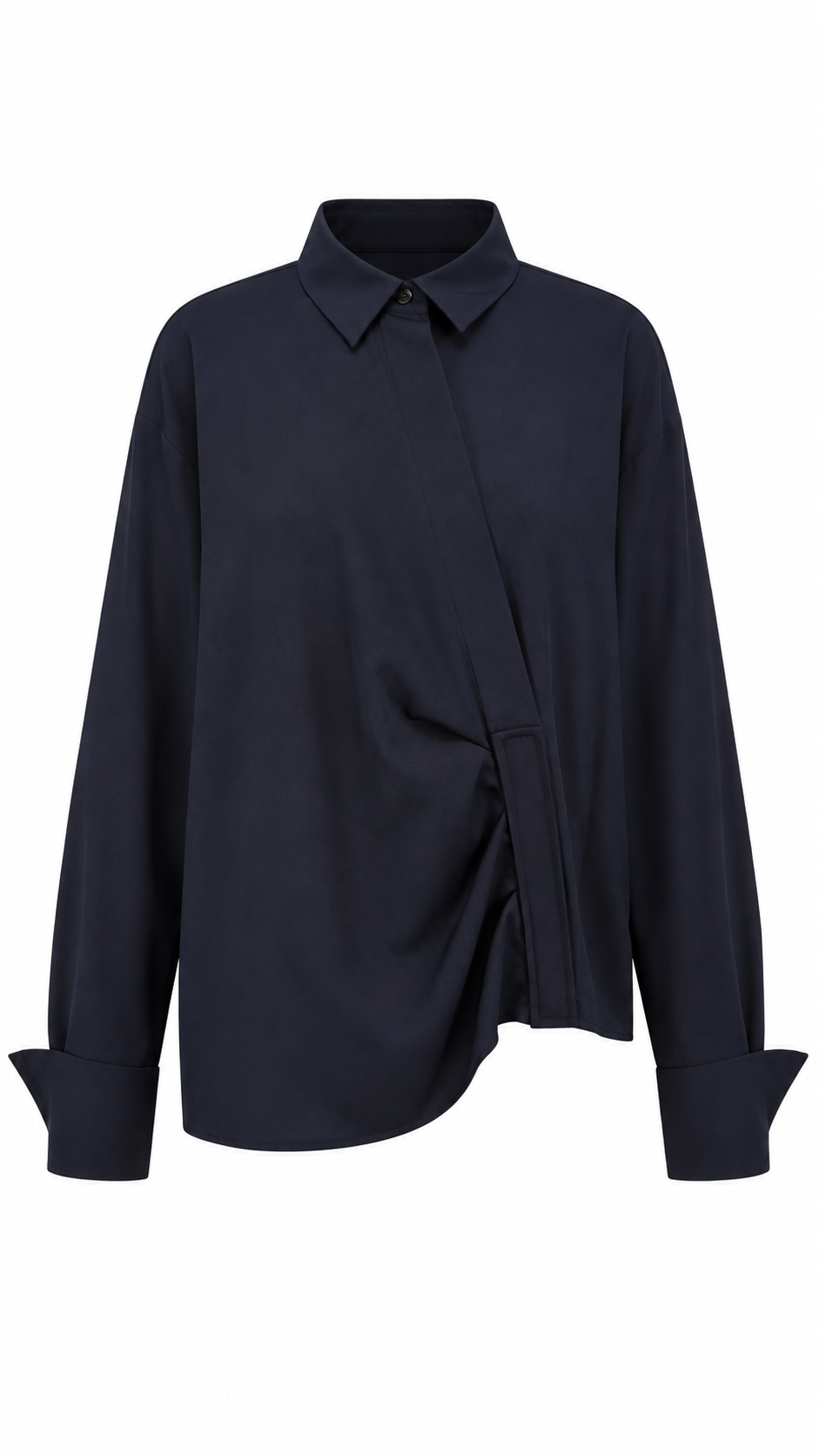 ODEEH - Cool Wool Bluse Navy mit asymmetrischer Knopfleiste und Raffung