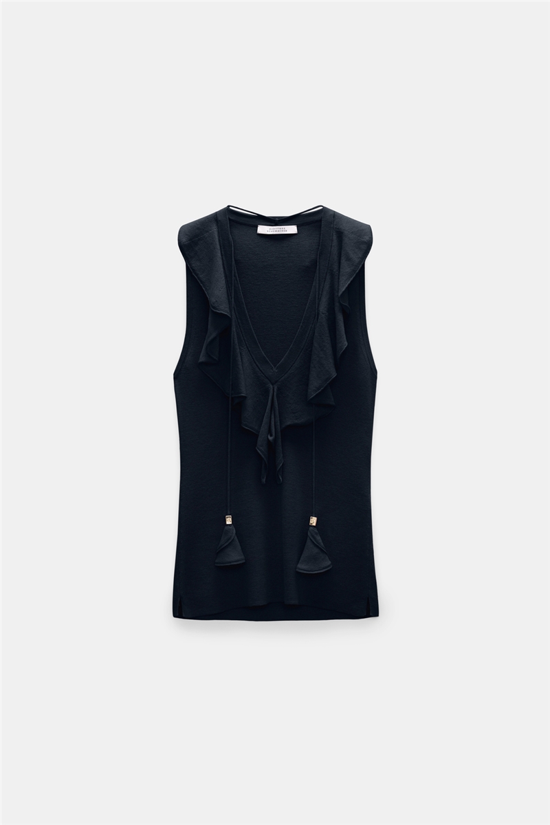 Dorothee Schumacher - REFINED ESSENTIALS Top Dark Navy | Stricktop aus Schurwolle-Baumwolle mit Volant-Ausschnitt & Tasseln