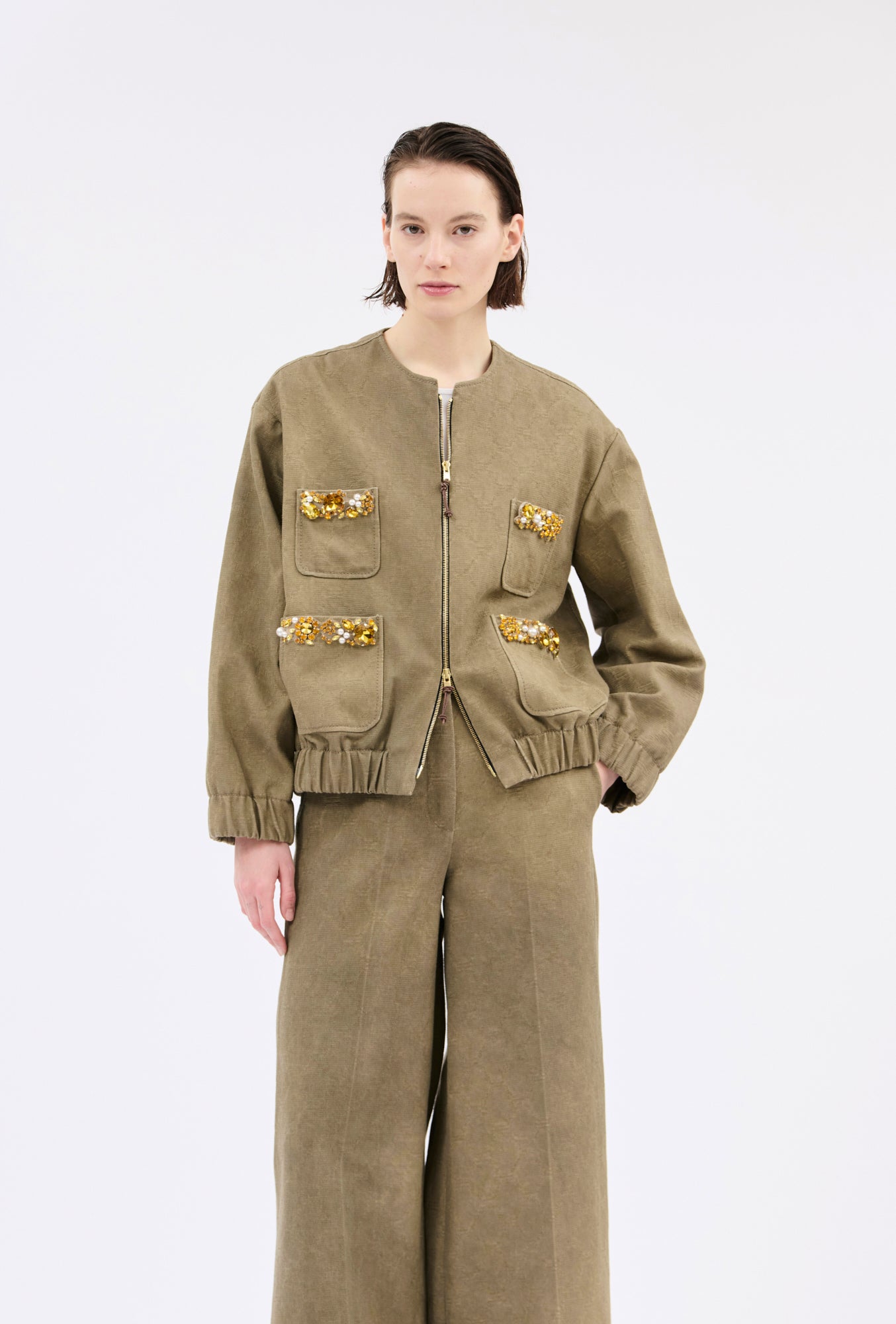 Odeeh - Bomberjacke Dark Khaki aus Baumwolle mit Strassdetails & Zwei-Wege-Reißverschluss