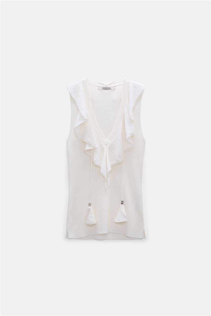 Dorothee Schumacher - Top Orchid White Woll-Baumwoll-Rippstrick Volant V-Ausschnitt