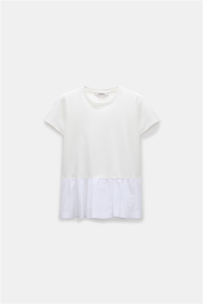 Dorothee Schumacher - SOFT VOLUME Shirt Pure White | Baumwoll T-Shirt mit Popeline-Schößchen & 3D-D-Rose