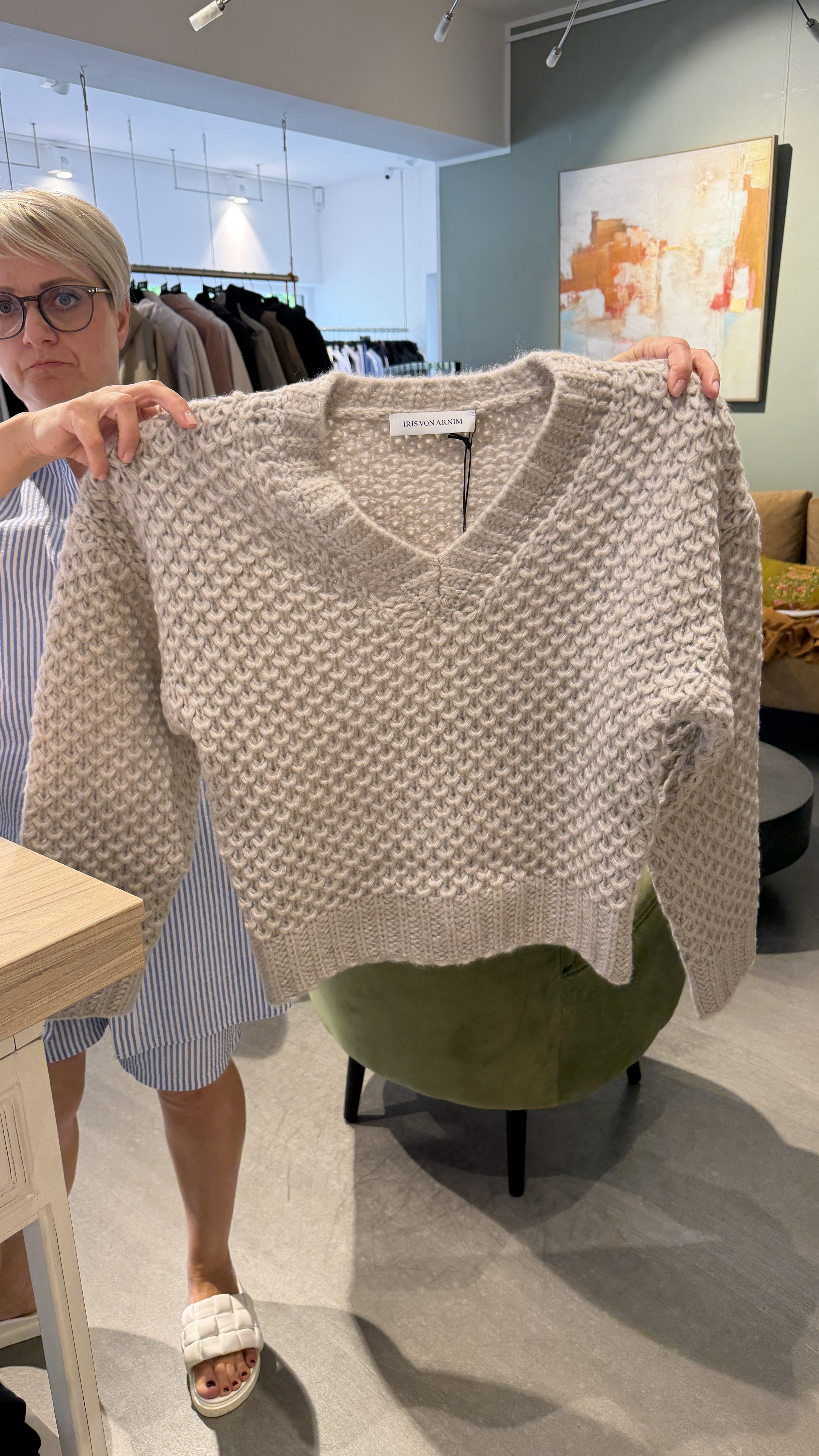 Iris von Arnim - Kaschmir-Seiden Pullover Kitt Grobstrick mit V-Ausschnitt