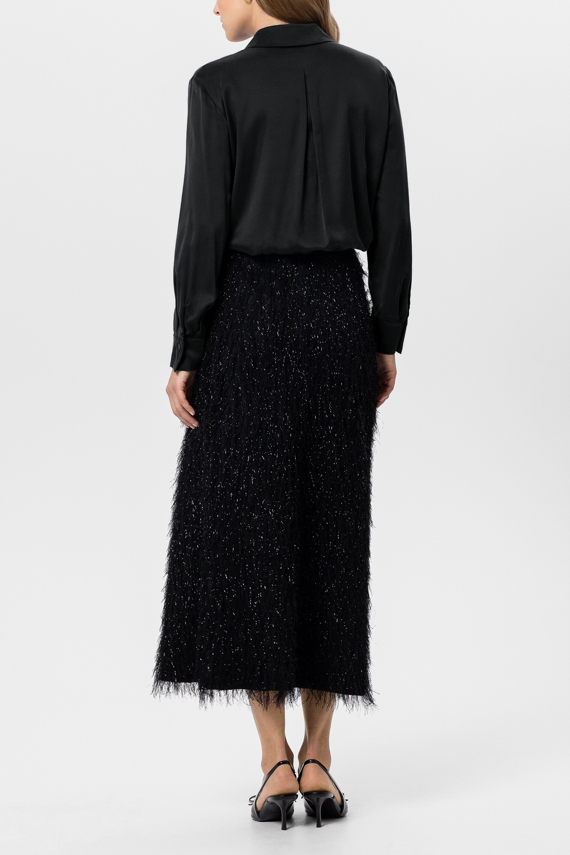 Luisa Cerano - Langer Rock Schwarz in Fringe-Optik mit Glanzgarn