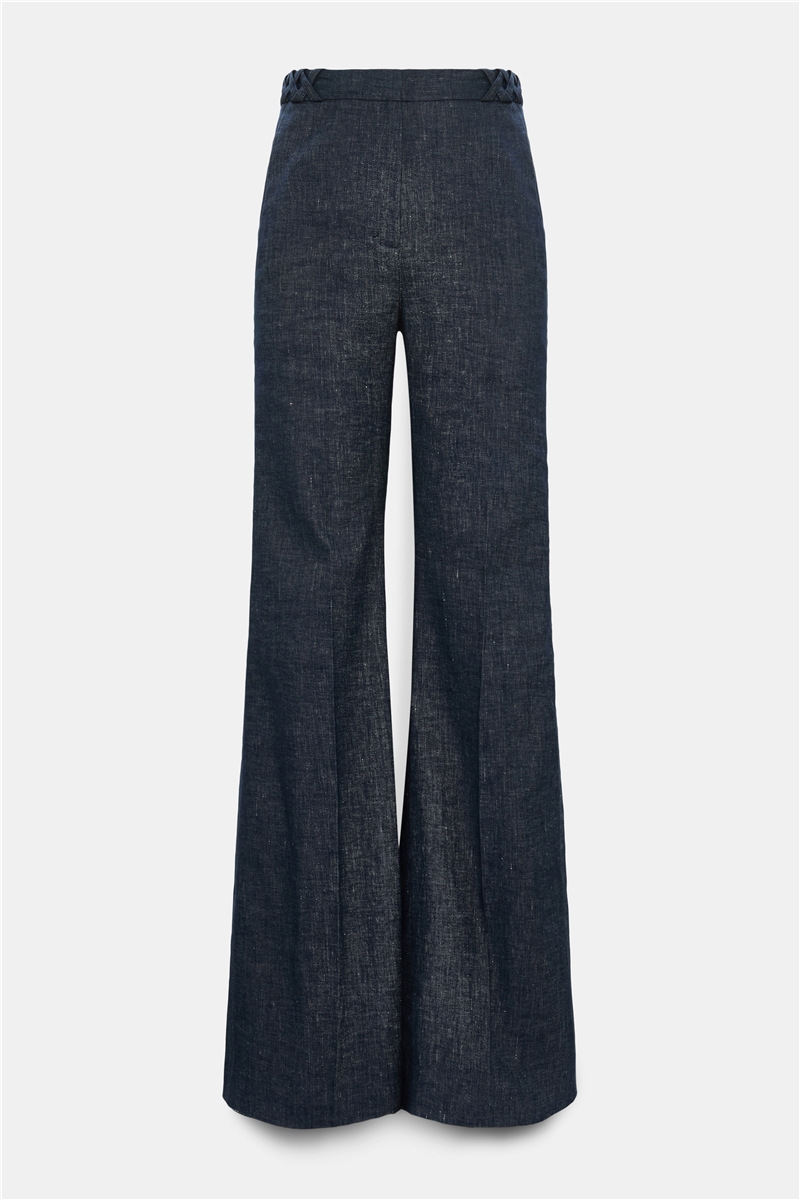 Dorothee Schumacher - FLUID DENIM Pants Denim Blue | Schlaghose aus Baumwolle-Leinen mit Braided-Detail & Mid-Waist-Fit