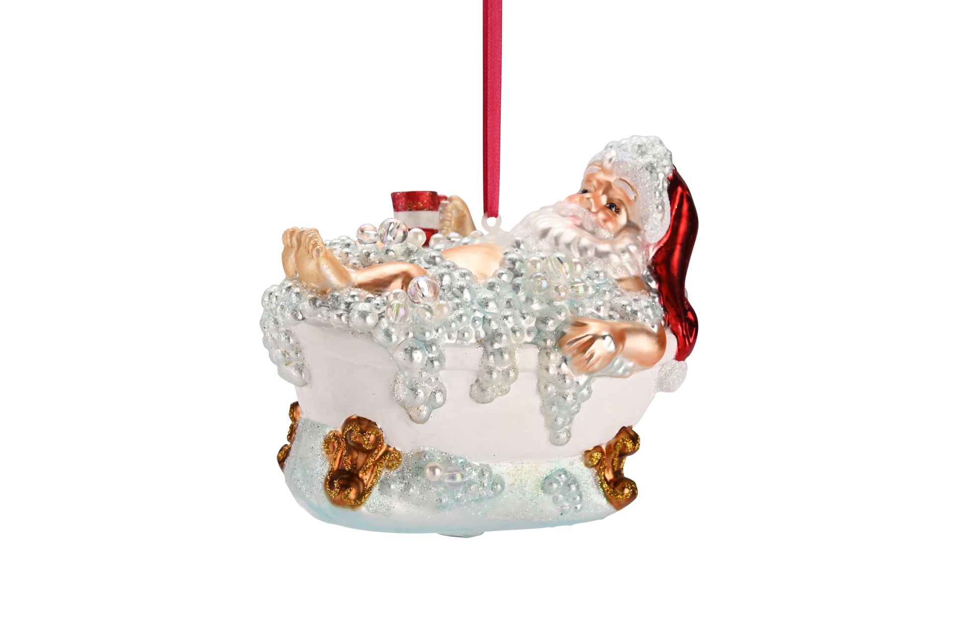 Gift Company - Weihnachtsanhänger Santa in Badewanne weiß hellblau Glas
