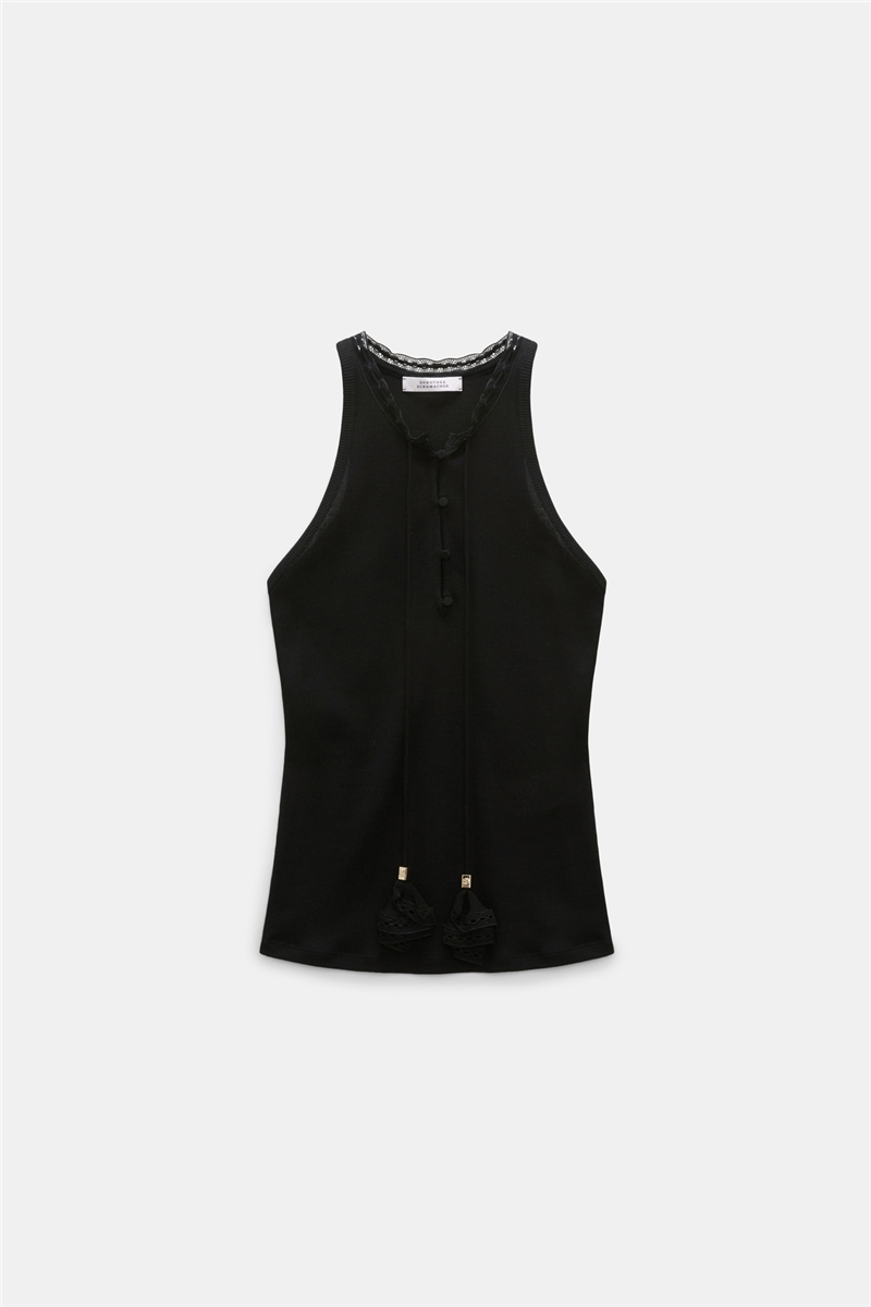 Dorothee Schumacher - PURE SLEEKNESS Top Schwarz | Geripptes Baumwoll-Tanktop mit Spitze & Tassel-Detail