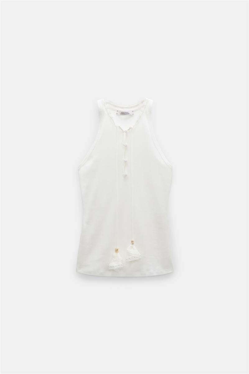 Dorothee Schumacher - PURE SLEEKNESS Top Orchid White | Geripptes Baumwoll-Tanktop mit Spitze & Tassel-Detail