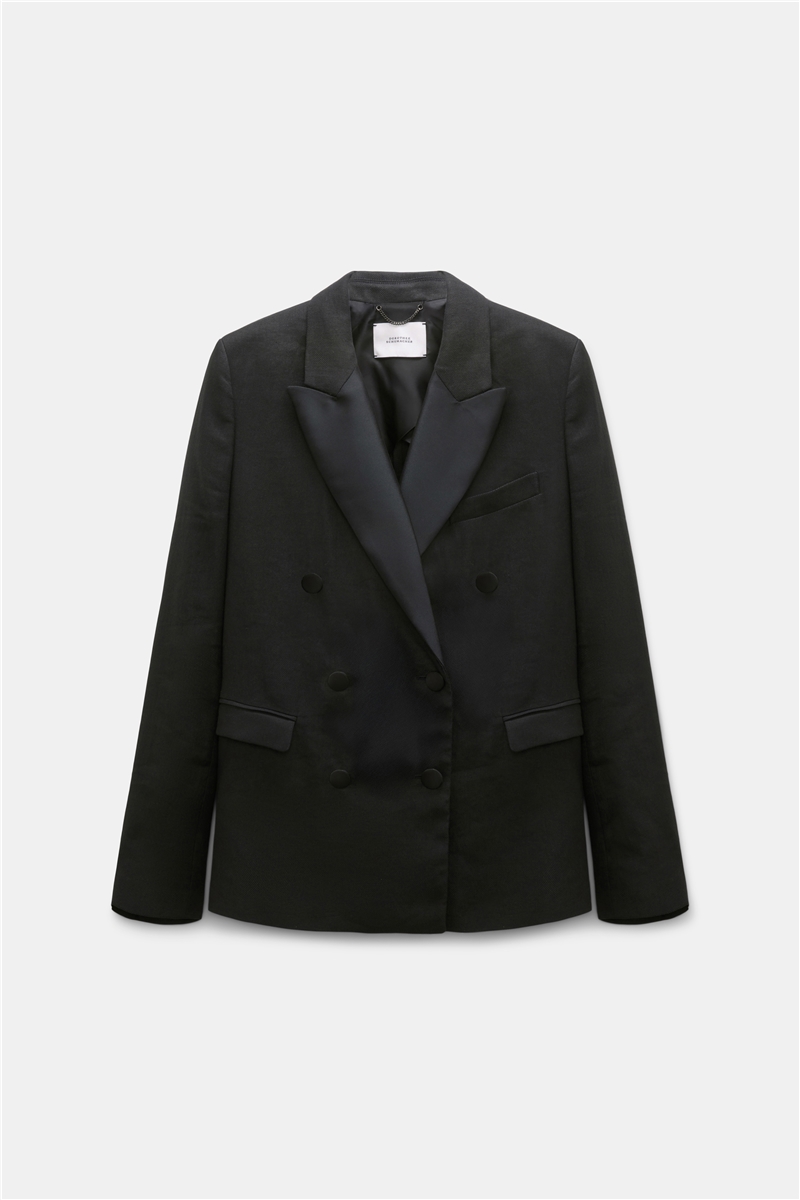 Dorothee Schumacher - CASUAL SOPHISTICATION Jacket Pure Black | Zweireihiger Leinen-Baumwoll-Smokingblazer mit Satinrevers