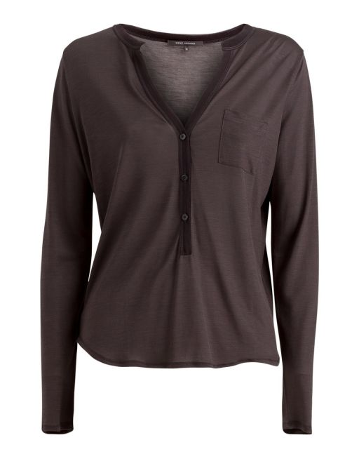 René Lezard - Braune Langarmshirt mit Knopfleiste und Kragen aus Lyocell und Seide