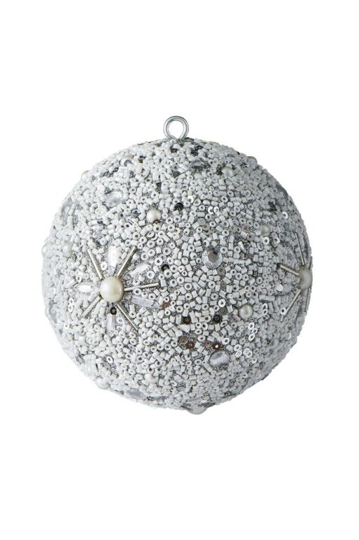 Weihnachtskugel Opium Blumenmuster, Perlen, Glitzer, Steine weiß/silber 10cm