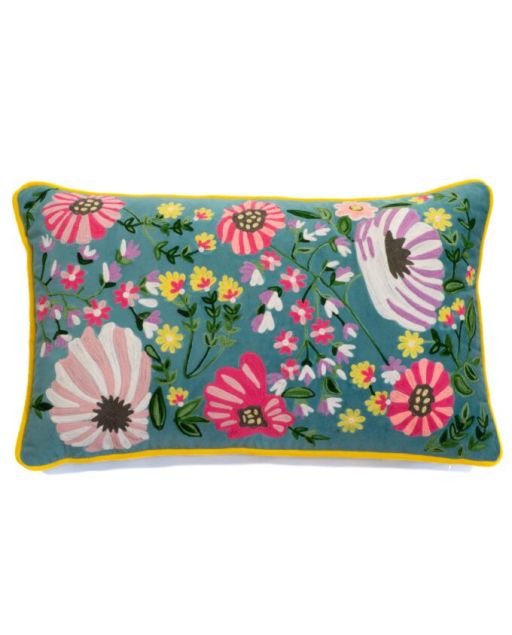 Samtkissen mit floraler Stickerei rosa Blüten